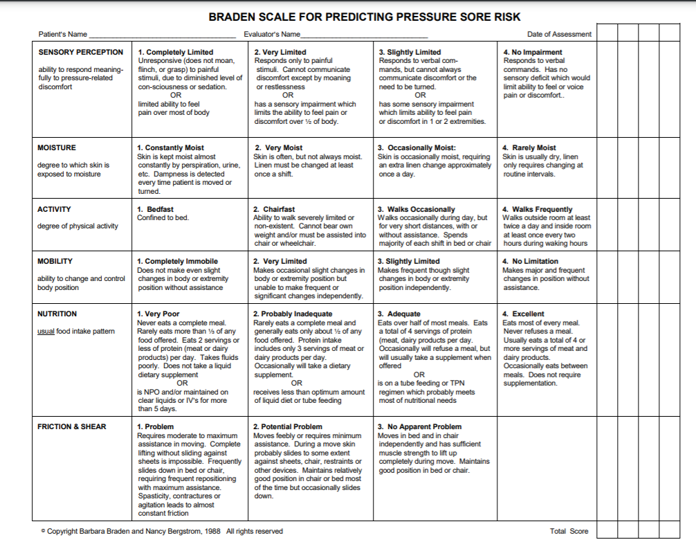 Image showing the Braden Scale