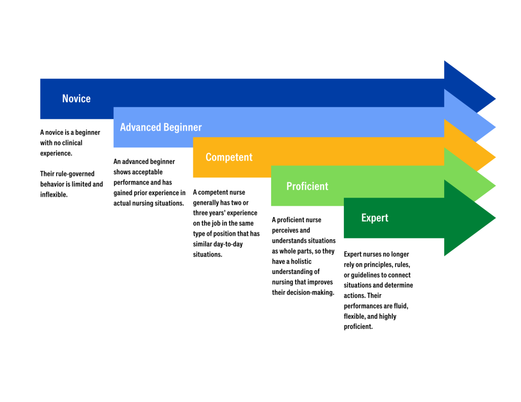 Image of arrows and text describing novice to expert theory