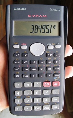 Image of a calculator with the numbers 3.84951 times 10 to the eighteenth power.