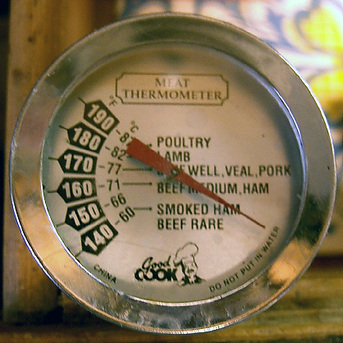 Photo of a meat thermometer in degrees Fahrenheit, ranging from 140 to 190 degrees