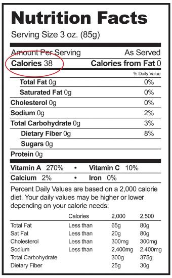 An example nutrition label, serving size 3 oz, 85g, 38 calories per serving