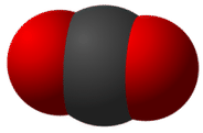Depiction of a carbon dioxide molecule, a central carbon atom bonded to 2 oxygen atoms