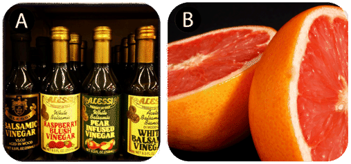 The left image is a set of bottles representing the variety of vinegar types, the right image is the citrus fruit grapefruit