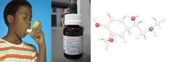 first image of a boy using his inhaler, second image of a bottle of albuterol, third image is the ball and stick model of albuterol