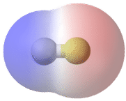 In the polar covalent bond of HF, the electron density is unevenly distributed. There is a higher density (red) near the fluorine atom, and a lower density (blue) near the hydrogen atom.