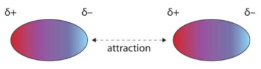 Illustration of dipole-dipole interaction, with oppositely charged ends of polar molecules attract