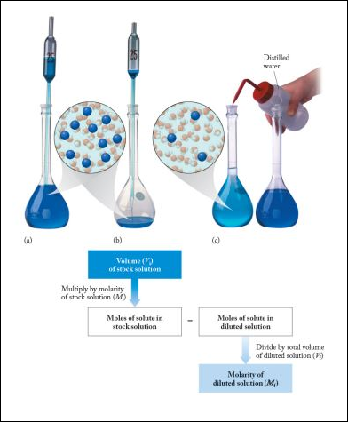 Shows the physical process and mathematical relationships associated with solution dilution.