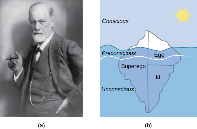 The mind’s conscious and unconscious states are illustrated as an iceberg floating in water. Beneath the water’s surface in the “unconscious” area are the id, ego, and superego. The area just below the water’s surface is labeled “preconscious.” The area above the water’s surface is labeled “conscious.”