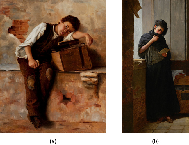 Two paintings. On the left a young boy leaning over a set of books. On the right a teenage girl reading.