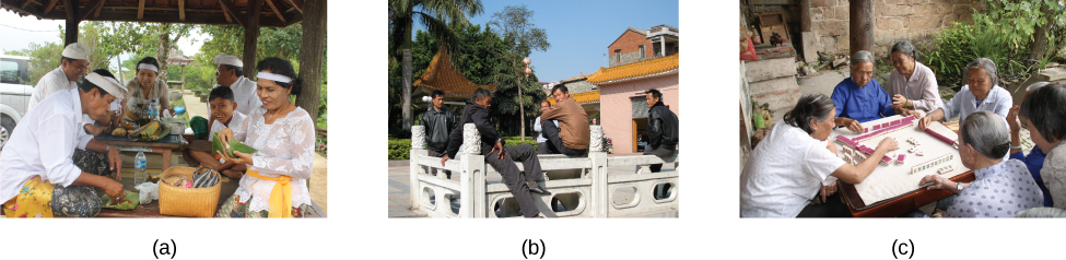 Three photographs show three groups of people: a family preparing a meal, a group of men sitting on a porch, and a group of women playing mahjong.