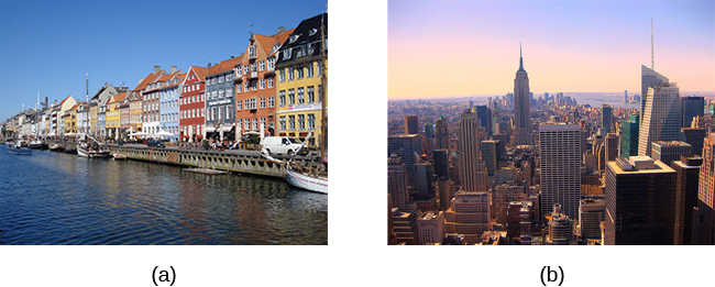 Photograph A shows a row of buildings by the water in Denmark. Photograph B shows an aerial view of a city in the United States including several skyscrapers.