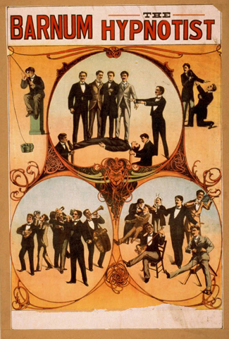 A poster titled “Barnum the Hypnotist” shows illustrations of a person performing hypnotism.