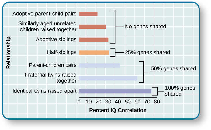 Bar chart illustrating the percentage of children belonging to the same family, highlighting a variety of familial structures, percentage of genes shared and IQ correlation.