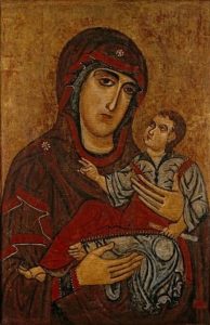 Tuscan painting of Madonna and Child. Madonna and child have distinctly European features and costume.