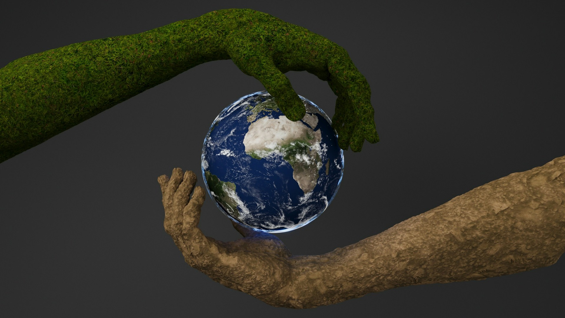 Two hands, one covered in green moss and the other in dry, cracked earth, holding the planet Earth.
