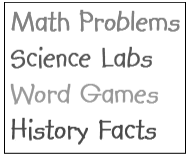 Four educational topics: Math Problems, Science Labs, Word Games, History Fact in various gray colors.