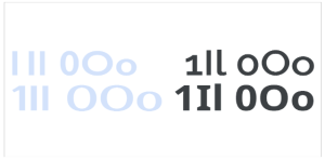 Characters 'I', '1', '0', 'O', 'o', and 'l' in light blue and black styles.