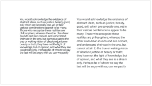 Two blocks of identical text discussing abstract concepts and recognition, with the left block in a slightly smaller font.