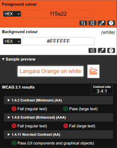 Screenshot of a color contrast analyzer showing that Langara branded orange does not pass accessibility standards.