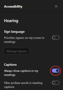 Teams accessibility pane open with captions toggle highlighted
