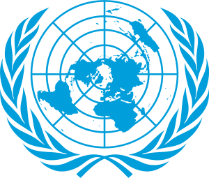 Graphic of north pole centered globe surrounded by olive branches.