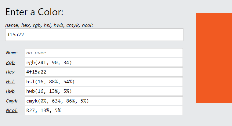 W3 schools color code converter showing Langara orange color values
