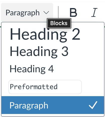Canvas Rich Content Editor text blocks menu