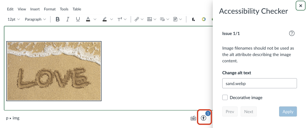 Canvas Accessibility Checker has flagged an image with its filename entered as alt text