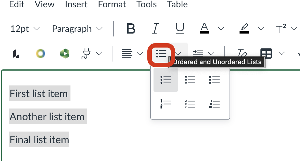 Canvas Rich Content Editor Lists menu