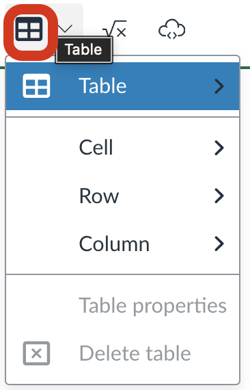 Canvas Rich Content Editor Table menu