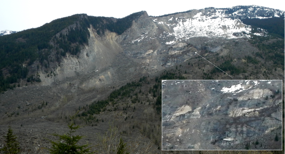 Photograph of the site of the 1965 Hope Slide as seen in 2014. The initial failure is thought to have taken place along the foliation planes and sill within the area shown in the inset. [SE]