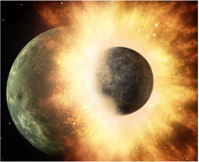 Figure 22.11 Artist’s impression of a collision between planets. A similar collision between Earth and the planet Theia might have given us our moon. Fortunately for us, the collision that gave us the moon was a glancing blow rather than the direct hit shown here. Earth might not have survived a direct hit. [NASA/ JPL-Caltech, http://1.usa.gov/1IkP069]
