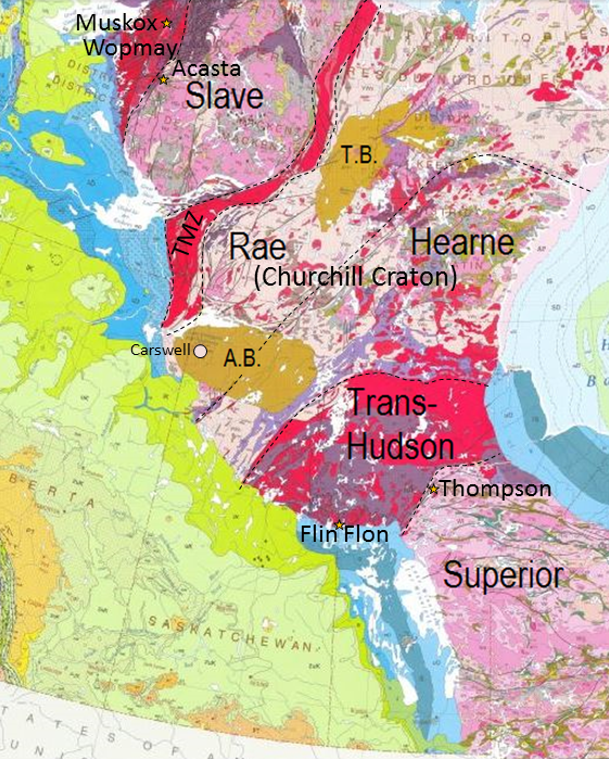 Figure 21.5 Geological features of the Canadian Shield of western Canada. A.B.: Athabasca Basin, T.B.: Thelon Basin, and TMZ: Taltson Magmatic Zone [ By SE after: http://geoscan.nrcan.gc.ca/starweb/geoscan/servlet.starweb?path=geoscan/fulle.web&search1=R=208175]