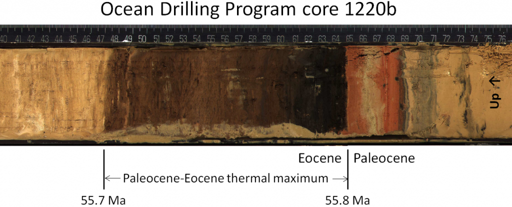 Figure 19.1 Core from Ocean Drilling Program hole 1220b (southeast of Hawaii) showing the boundary between the Paleocene and the Eocene (at 55.8 Ma). Marine life was decimated during the 100,000 years of the Paleocene-Eocene thermal maximum, and the dark part of the core represents the absence of carbonate sediment from planktonic organisms. The scale is in centimetres. [SE, after Ocean Drilling Program, used with permission]