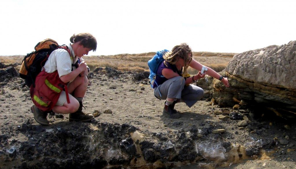 Geologists examining ash-layer