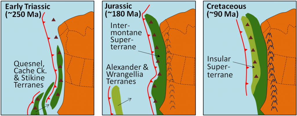 Figure 21.13 Model of the accretion of the Intermontane and Insular Superterranes to the west coast of North America during the Mesozoic. Subduction zones are the red-toothed lines. The brown triangles represent volcanoes. [SE]