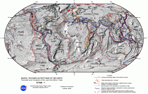 Figure 1.8 Earth’s tectonic plates and tectonic features that have been active over the past 1 million years [http://commons.wikimedia.org/wiki/File:Plate_tectonics_map.gif]
