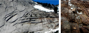 Figure 12.9 Granite in the Coquihalla Creek area, B.C. (left) and sandstone at Nanoose, B.C. (right), both showing fracturing that has resulted from expansion due to removal of overlying rock. [SE]