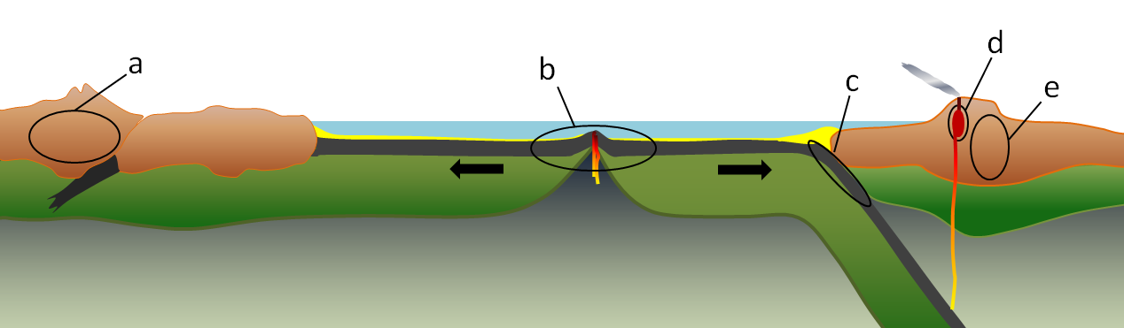 Figure 7.14 Environments of metamorphism in the context of plate tectonics: a) regional metamorphism related to mountain building at a continent-continent convergent boundary, b) regional metamorphism of oceanic crust in the area on either side of a spreading ridge, c) regional metamorphism of oceanic crustal rocks within a subduction zone, d) contact metamorphism adjacent to a magma body at a high level in the crust, and e) regional metamorphism related to mountain building at a convergent boundary. [SE]