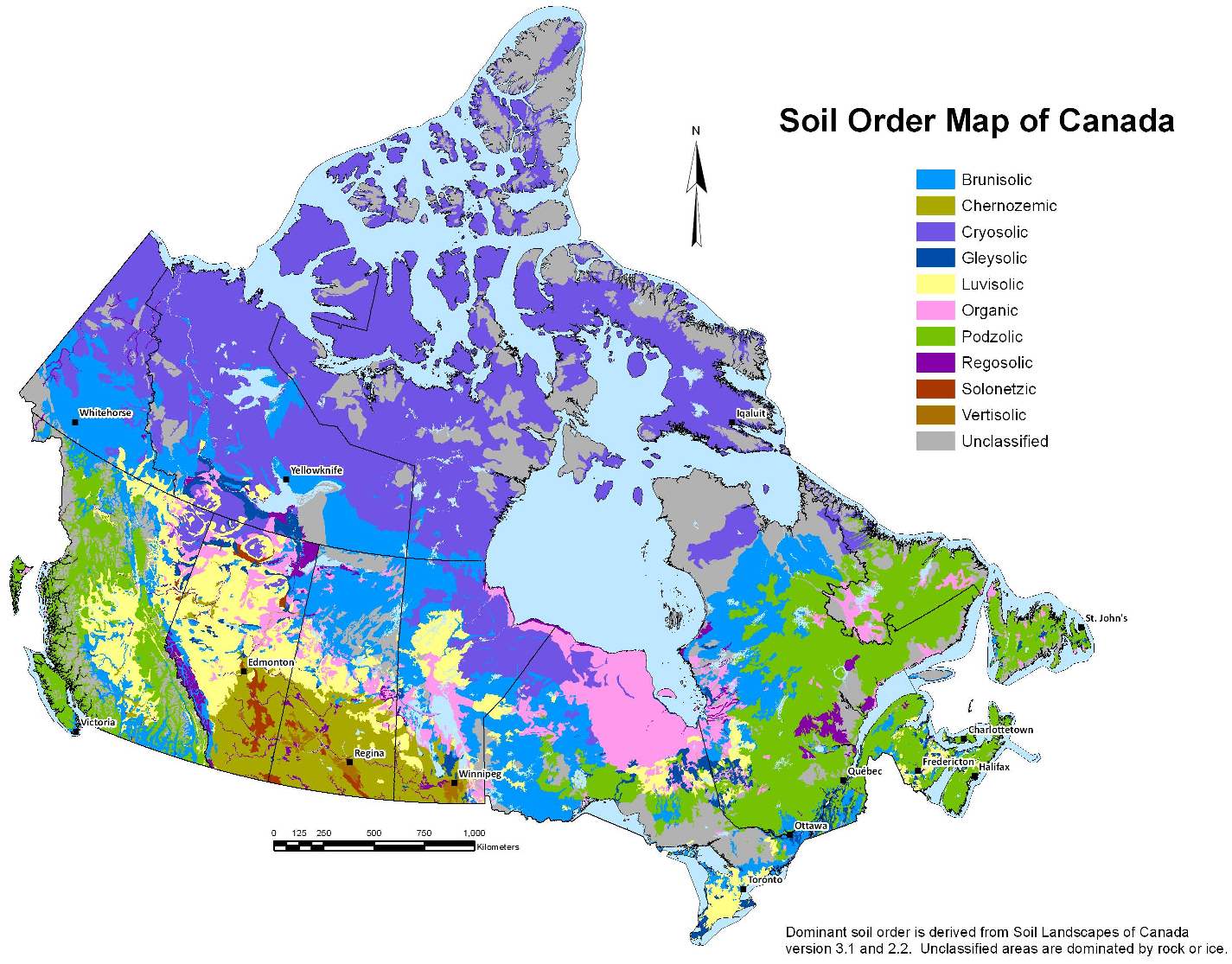 Soil order map of Canada. In Canada’s predominantly cool and humid climate (which applies to most places other than the far north), podsolization is the norm. This involves downward transportation of hydrogen, iron, and aluminum (and other elements) from the upper part of the soil profile, and accumulation of clay, iron, and aluminum in the B horizon. Most of the podsols, luvisols, and brunisols of Canada form through various types of podsolization.