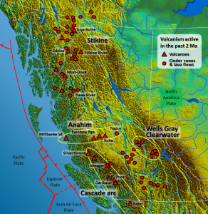 Figure 4.28 Major volcanic centres in British Columbia (base map from Wikipedia (http://commons.wikimedia.org/wiki/File:South-West_Canada.jpg). Volcanic locations from Wood, D., 1993, Waiting for another big blast - probing B.C.'s volcanoes, Canadian Geographic, based on the work of Cathie Hickson)