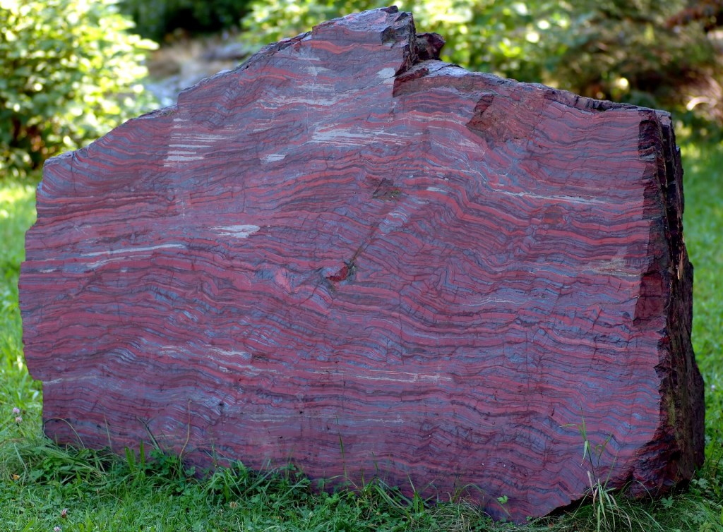Figure 20.7 Banded iron formation from an unknown location in North America on display at a museum in Germany. The rock is about 2 m across. The dark grey layers are magnetite and the red layers are hematite. Chert is also present. [https://upload.wikimedia.org/wikipedia/commons/5/5f/Black-band_ironstone_%28aka%29.jpg]