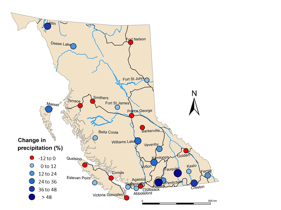 Figure 19.17 Change in precipitation amounts over the period 1945 to 2005 for 29 stations in British Columbia [By SE, using data from Environment Canada]