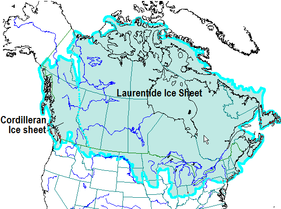 Figure 16.6 The extent of the Cordilleran and Laurentide Ice Sheets near the peak of the Wisconsin Glaciation, around 15 ka. [re-drawn by SE based on a map at: https://www.ncdc.noaa.gov/paleo/glaciation.html]