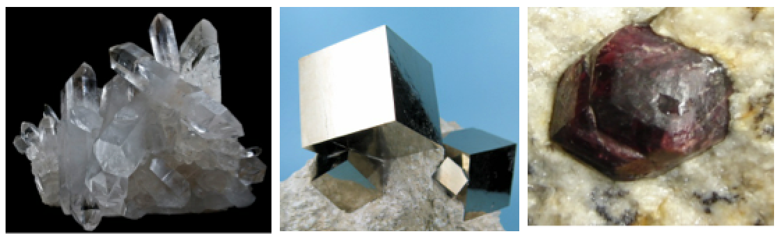 Figure 2.19 Hexagonal prisms of quartz (left), cubic crystals of pyrite (centre) and a dodecahedral crystal of garnet (right). Quartz Bresil by Didier Descouens is under CC BY 3.0 , Pyrite cubic crystals on marlstone by Carles Millan is under CC BY SA 3.0, Almandine garnet by Eurico Zimbres (FGEL/UERJ) and Tom Epaminondas (mineral collector) is under CC BY SA 2.0