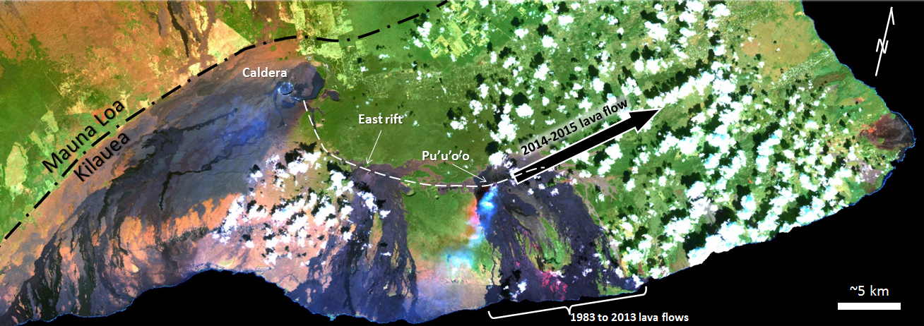 atellite image of Kilauea volcano showing the East rift and Pu’u ’O’o, the site of the eruption that started in 1983.