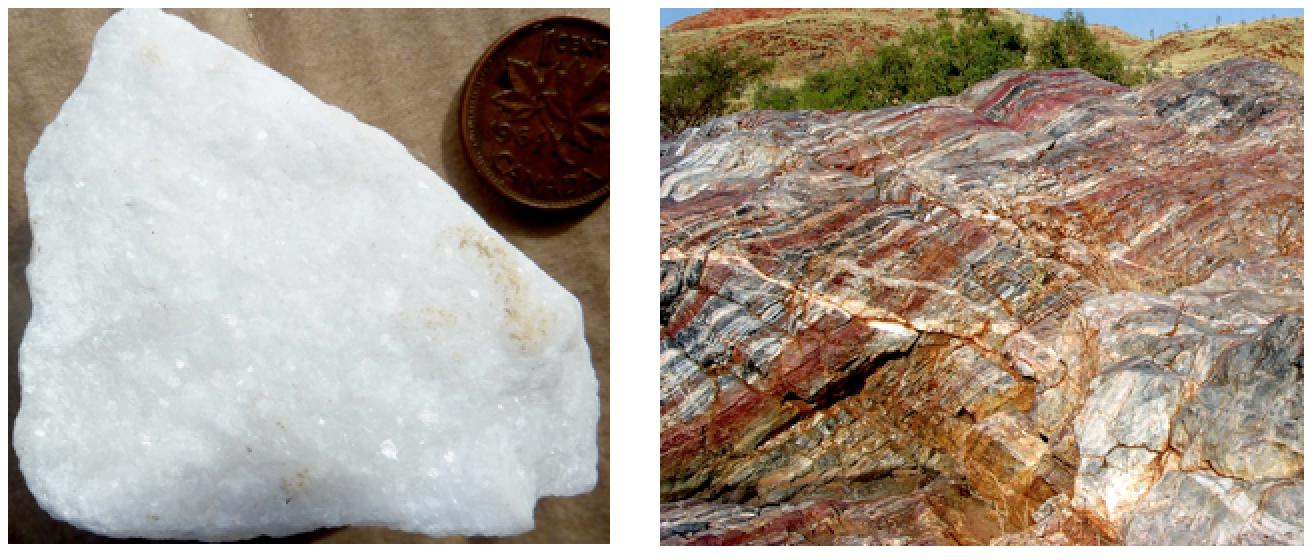 Figure 7.10 Marble with visible calcite crystals (left) and an outcrop of banded marble (right) [SE (left) and http://gallery.usgs.gov/images/08_11_2010/a1Uh83Jww6_08_11_2010/large/DSCN2868.JPG (right)]
