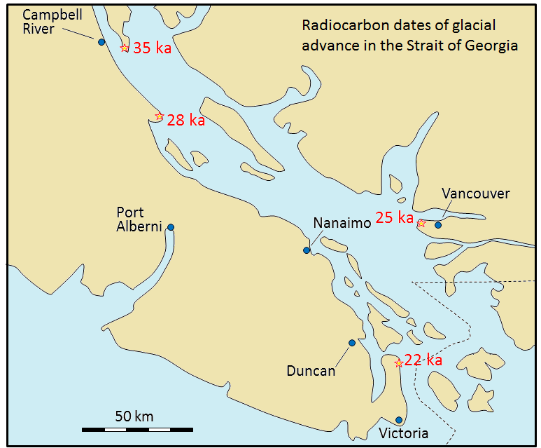 Figure 8.16 Radiocarbon dates on wood fragments in glacial sediments in the Strait of Georgia [SE after Clague, J, 1976, Quadra Sand and its relation to late Wisconsin glaciation of southeast British Columbia, Can. J. Earth Sciences, V. 13, p. 803-815]
