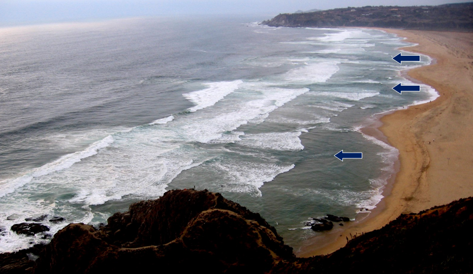 Figure 17.10 Rip currents on Tunquen Beach in central Chile [From NOAA http://www.ripcurrents.noaa.gov/images/Tunquen_Chile.jpg]