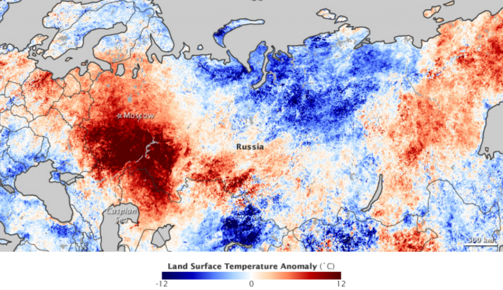 Figure 19.20 Temperature anomalies across Russia and neighbouring regions during July 2010 [http://earthobservatory.nasa.gov/IOTD/view.php?id=45069]